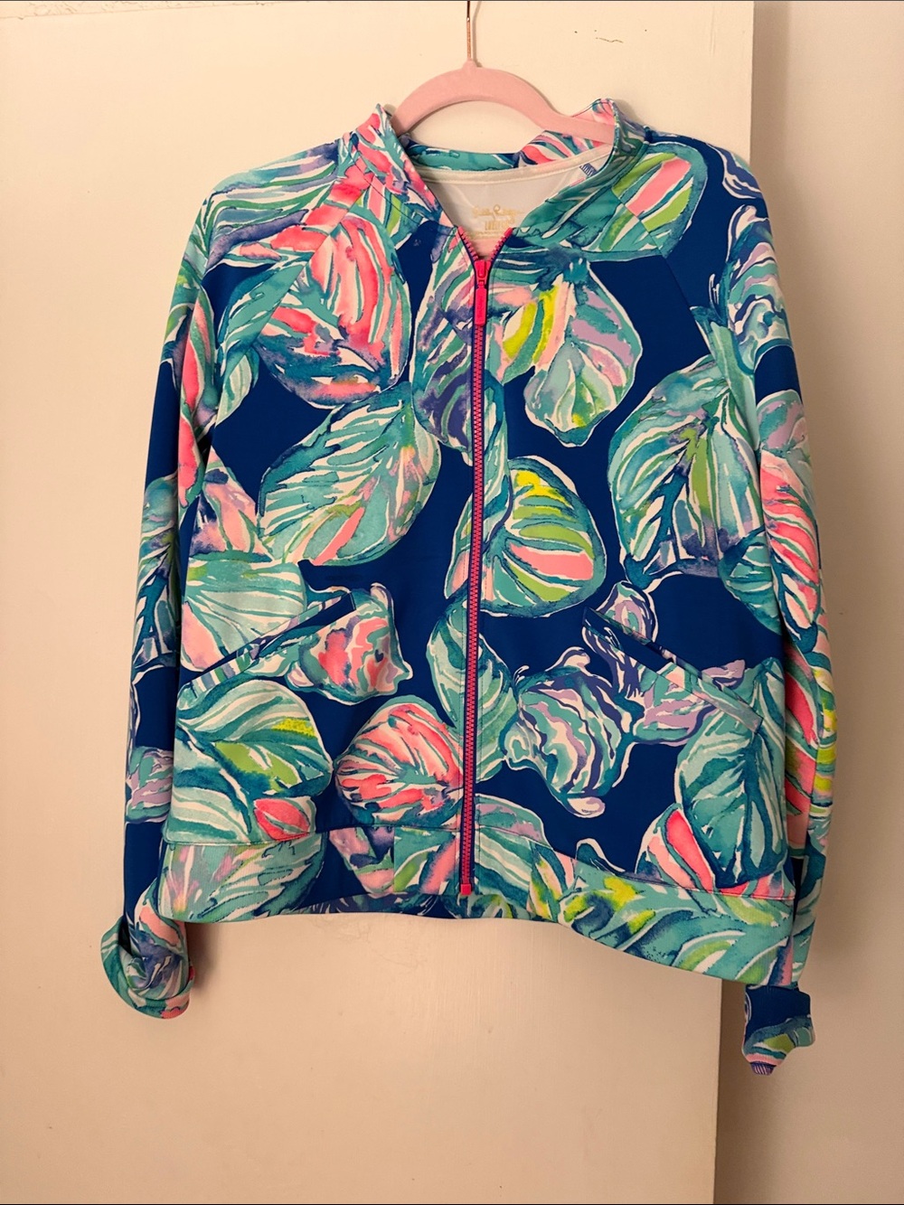 Lilly Pulitzer Navy Tropical Leaf Zip Bomber Jacket